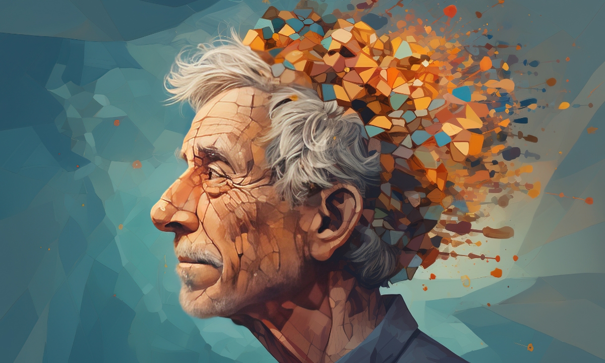 a painting of an old man with his brain coming out the back of his head in bright shapes and colors