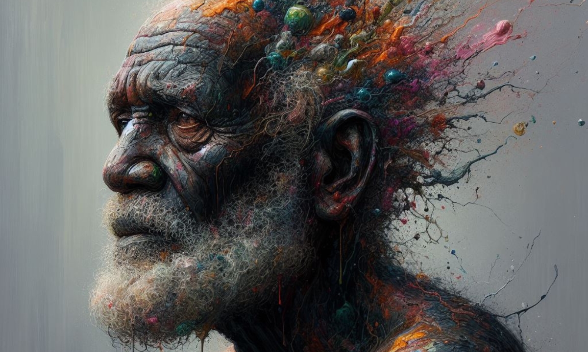 an elderly man wearing a pained expression and staring off into the distance as his mind turns to colors and paint splotches
