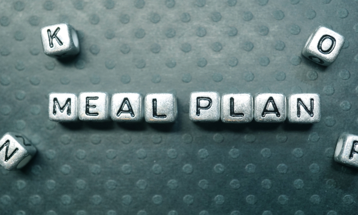 silver cube-shaped beads spelling out "meal plan"